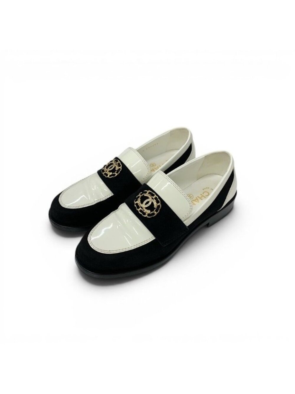 Chanel Loafers Leather Shoes Patent White Black CC Logo Chain Flats